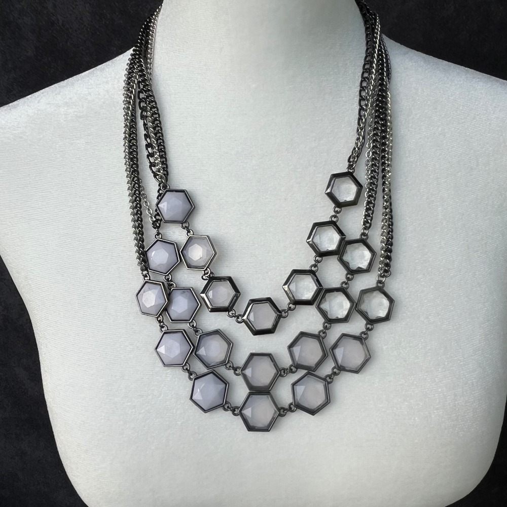 Express Gunmetal Multi Strand Hexagon Bib Necklace White Clear Honeycomb Layered